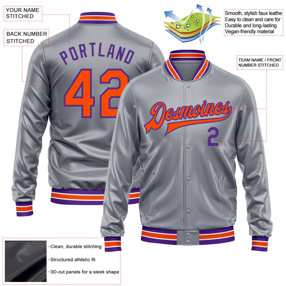 Custom Gray Orange-Purple Bomber Full-Snap Varsity Faux Leather Letterman Jacket view 2