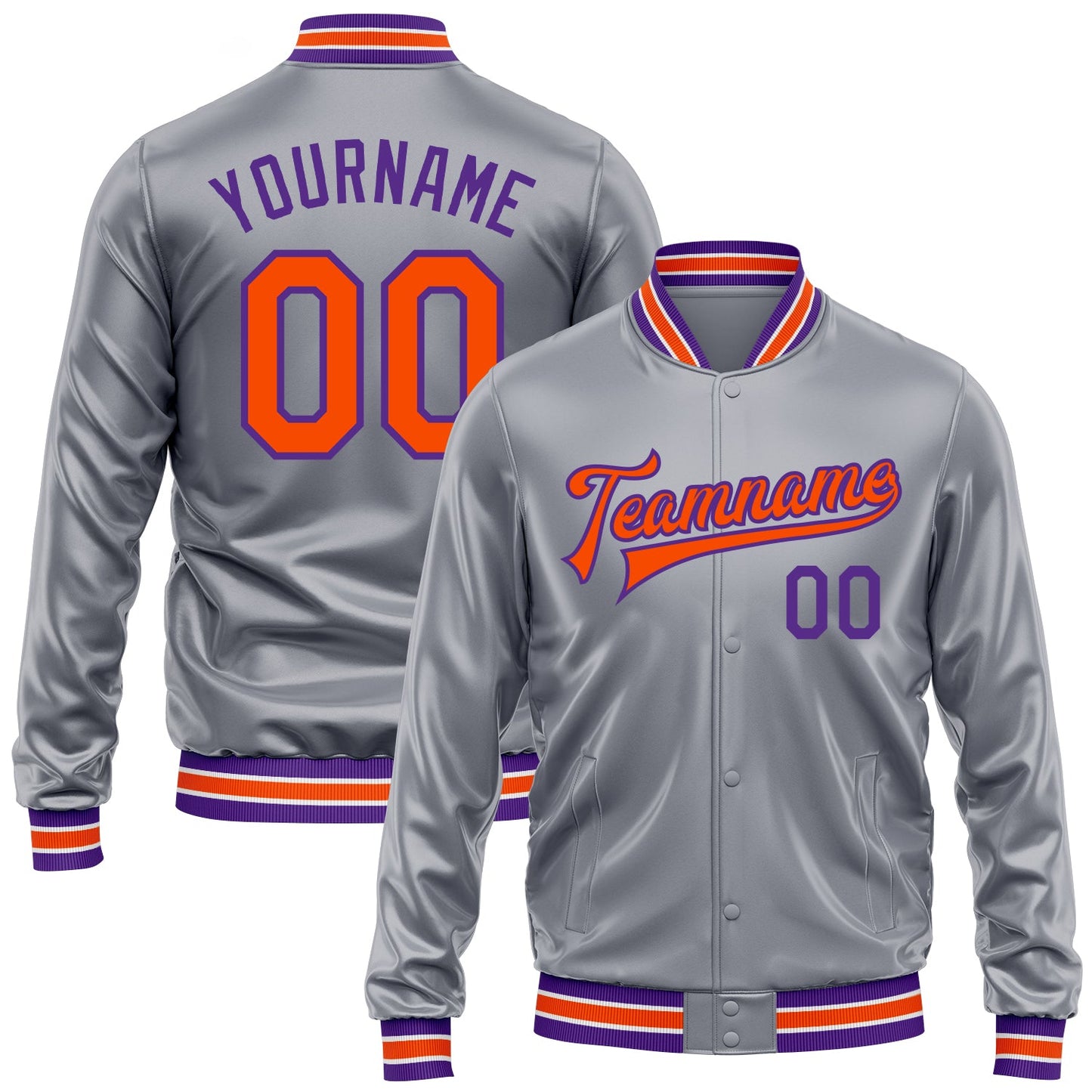 Custom Gray Orange-Purple Bomber Full-Snap Varsity Faux Leather Letterman Jacket - Main View
