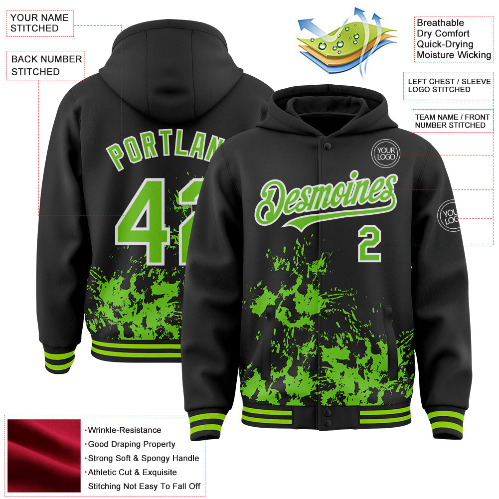 Custom Black Aurora Green-White Splash Art 3D Pattern Design Bomber Full-Snap Varsity Letterman Hoodie Jacket view 4