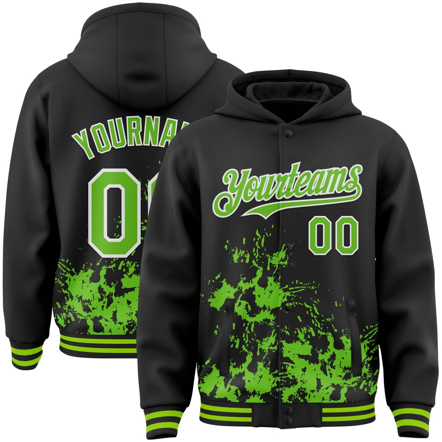 Custom Black Aurora Green-White Splash Art 3D Pattern Design Bomber Full-Snap Varsity Letterman Hoodie Jacket - Main View