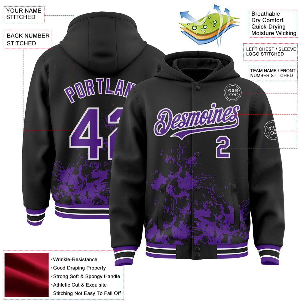 Custom Black Purple-White Splash Art 3D Pattern Design Bomber Full-Snap Varsity Letterman Hoodie Jacket view 4
