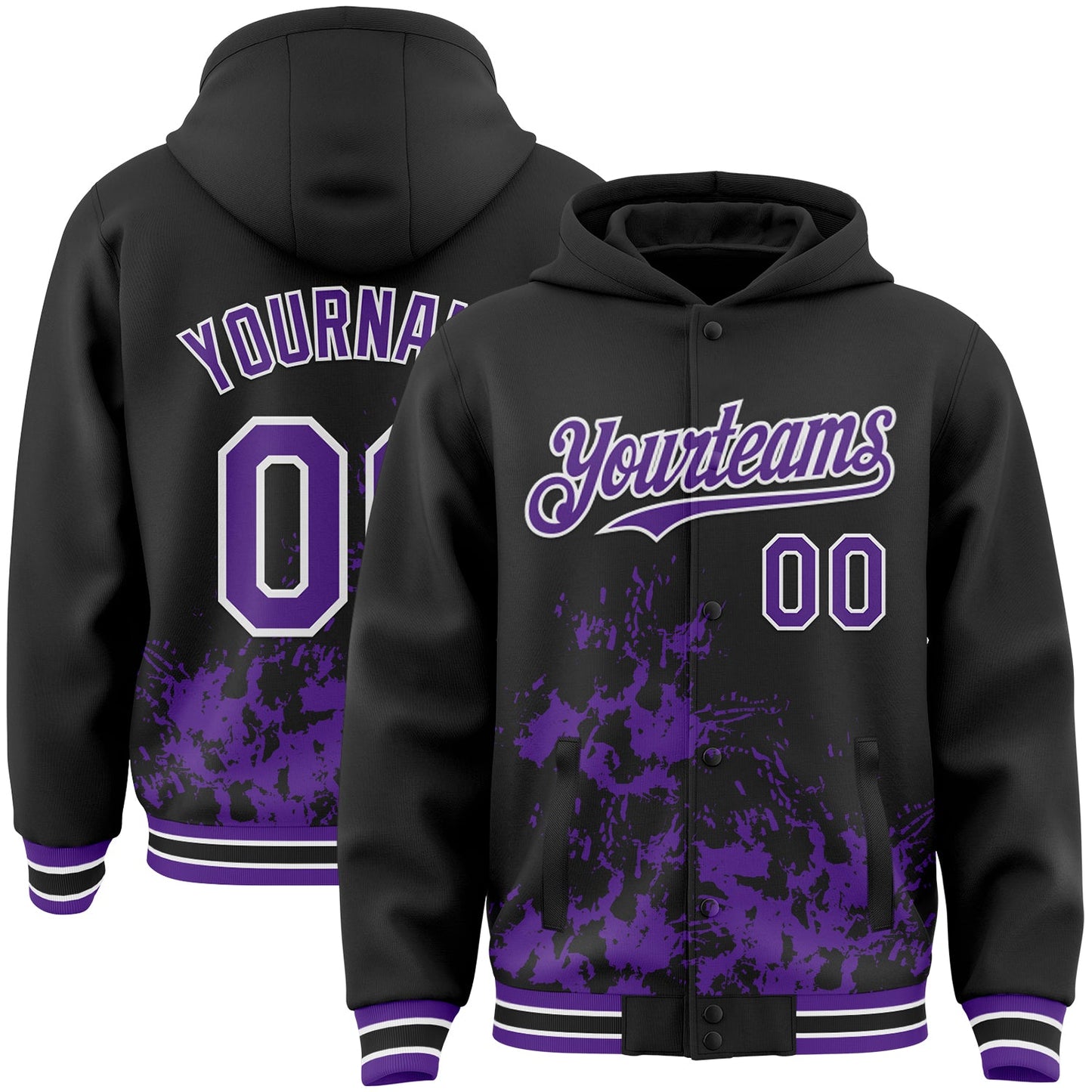 Custom Black Purple-White Splash Art 3D Pattern Design Bomber Full-Snap Varsity Letterman Hoodie Jacket - Main View