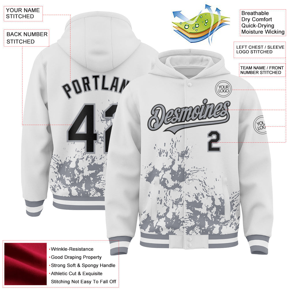 Custom White Black-Gray Splash Art 3D Pattern Design Bomber Full-Snap Varsity Letterman Hoodie Jacket view 4