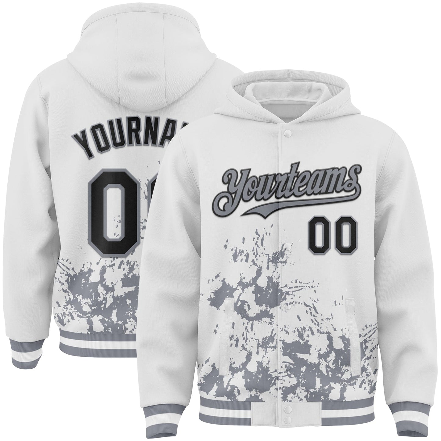 Custom White Black-Gray Splash Art 3D Pattern Design Bomber Full-Snap Varsity Letterman Hoodie Jacket - Main View