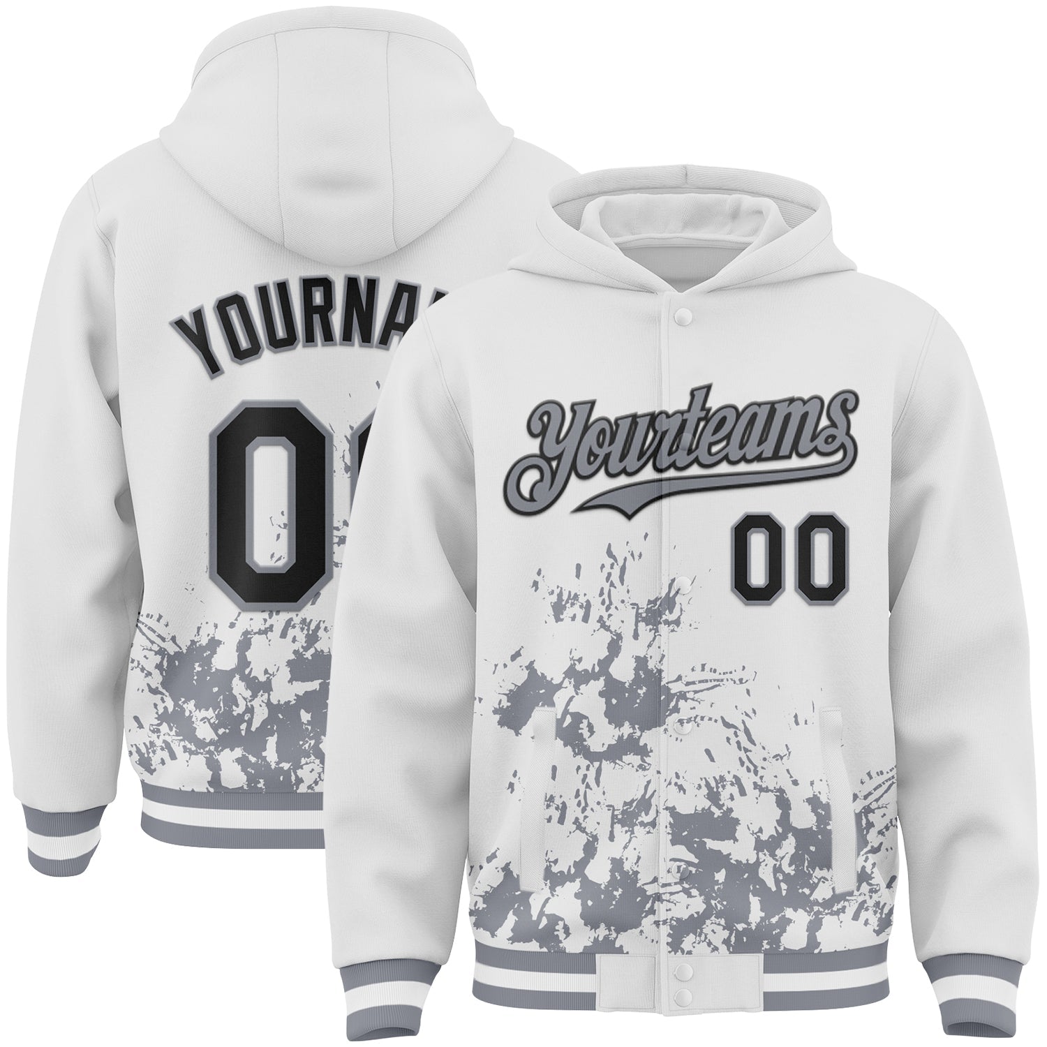 Custom White Black-Gray Splash Art 3D Pattern Design Bomber Full-Snap Varsity Letterman Hoodie Jacket - Main View