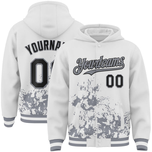 Custom White Black-Gray Splash Art 3D Pattern Design Bomber Full-Snap Varsity Letterman Hoodie Jacket - Main View