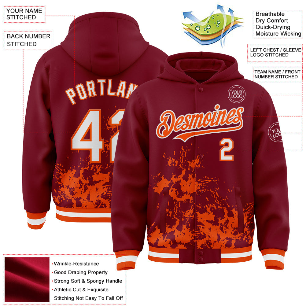 Custom Crimson White-Orange Splash Art 3D Pattern Design Bomber Full-Snap Varsity Letterman Hoodie Jacket view 4