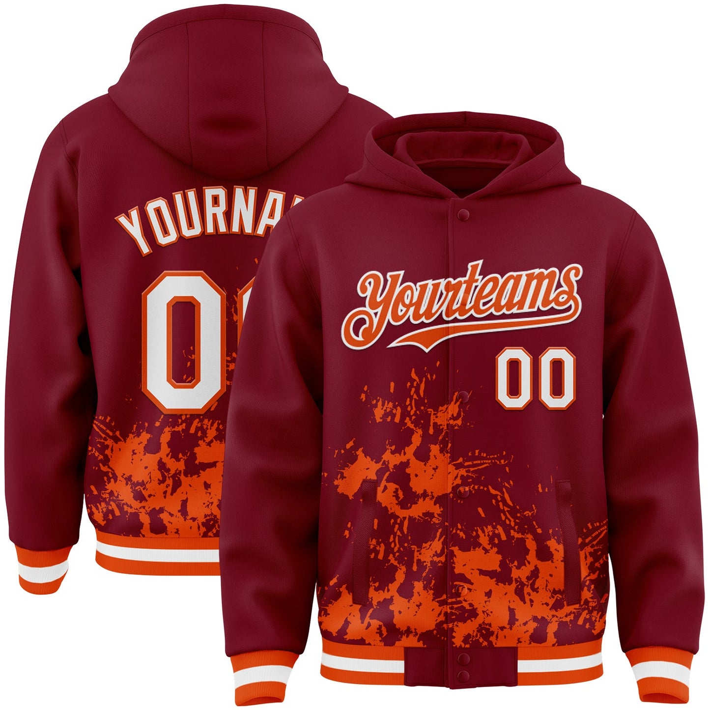 Custom Crimson White-Orange Splash Art 3D Pattern Design Bomber Full-Snap Varsity Letterman Hoodie Jacket - Main View