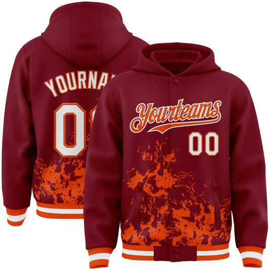 Custom Crimson White-Orange Splash Art 3D Pattern Design Bomber Full-Snap Varsity Letterman Hoodie Jacket - Main View
