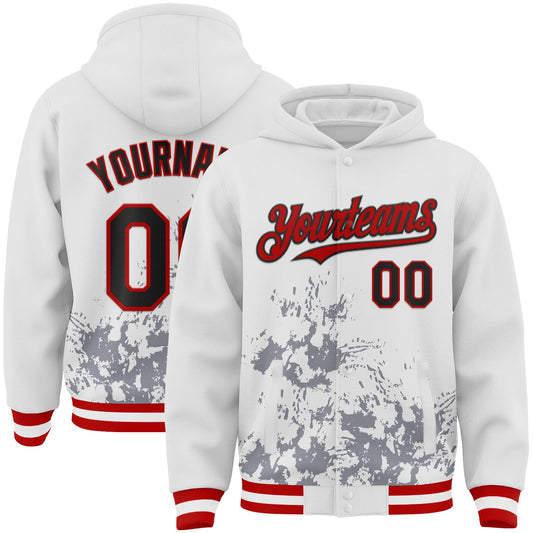 Custom White Black Gray-Red Splash Art 3D Pattern Design Bomber Full-Snap Varsity Letterman Hoodie Jacket - Main View
