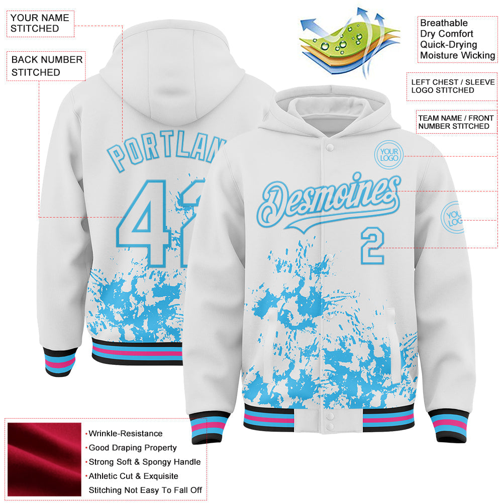 Custom White Sky Blue Black-Pink Splash Art 3D Pattern Design Bomber Full-Snap Varsity Letterman Hoodie Jacket view 4
