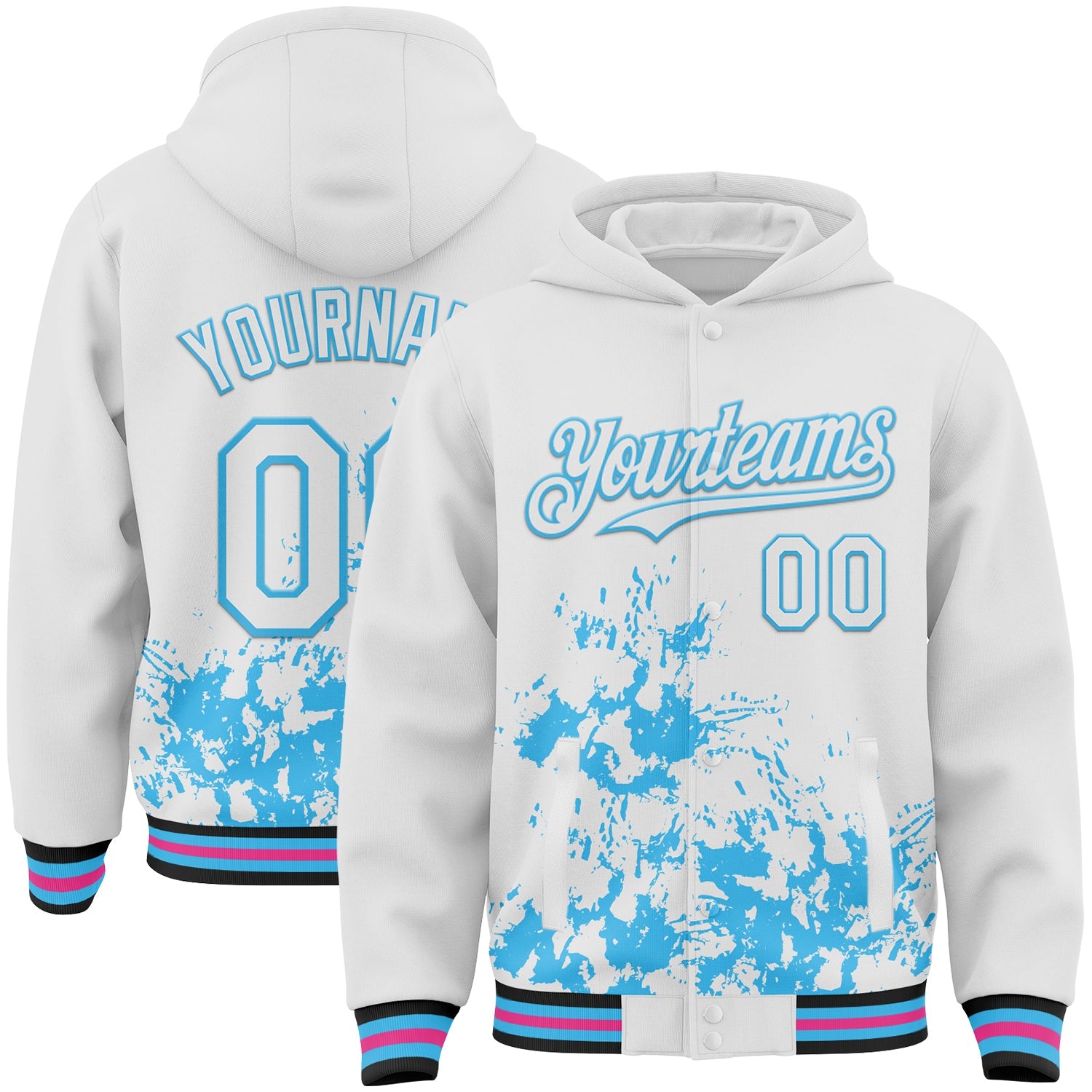 Custom White Sky Blue Black-Pink Splash Art 3D Pattern Design Bomber Full-Snap Varsity Letterman Hoodie Jacket - Main View