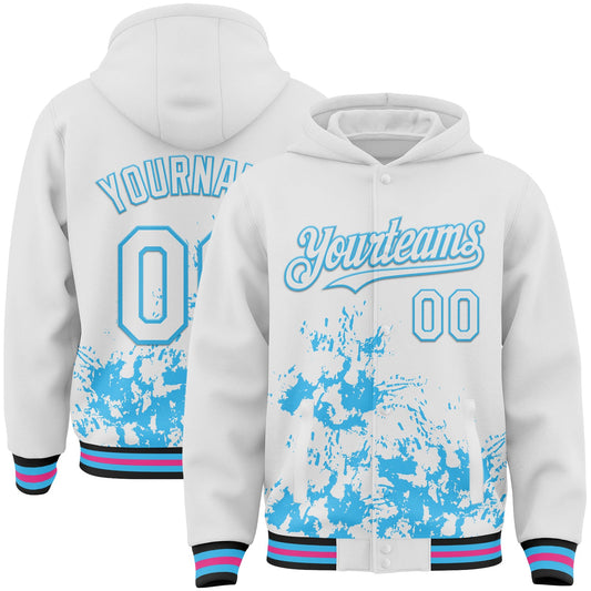 Custom White Sky Blue Black-Pink Splash Art 3D Pattern Design Bomber Full-Snap Varsity Letterman Hoodie Jacket - Main View
