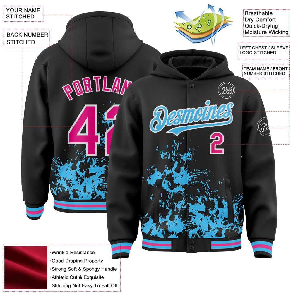 Custom Black Hot Pink Sky Blue-White Splash Art 3D Pattern Design Bomber Full-Snap Varsity Letterman Hoodie Jacket view 4