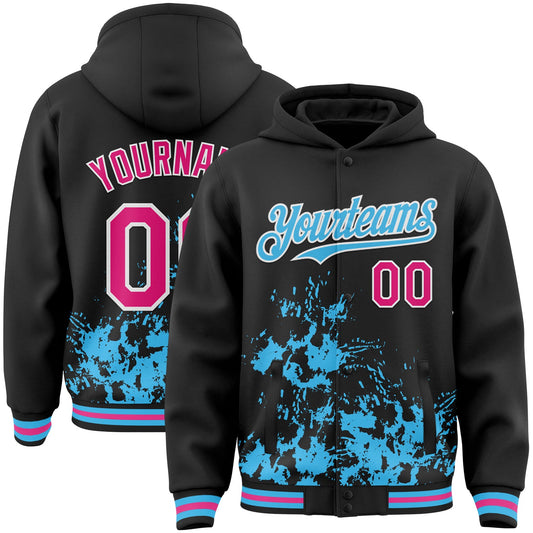 Custom Black Hot Pink Sky Blue-White Splash Art 3D Pattern Design Bomber Full-Snap Varsity Letterman Hoodie Jacket - Main View