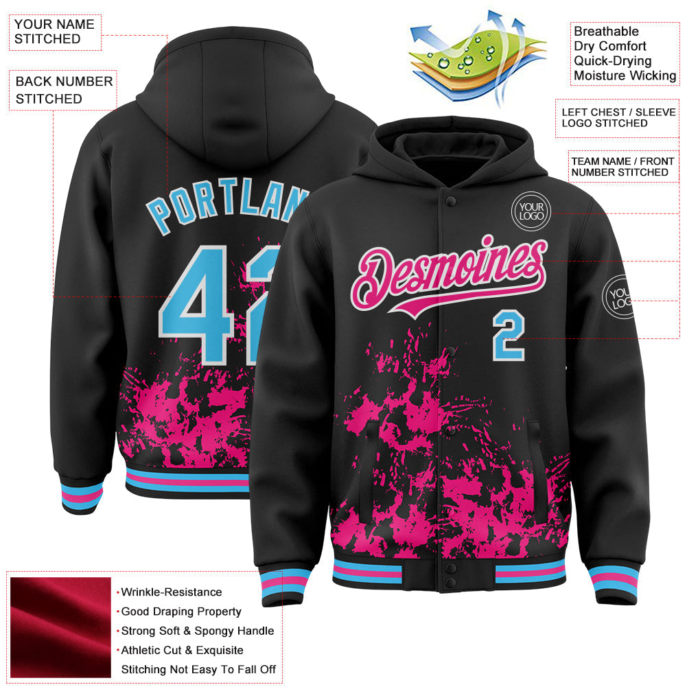 Custom Black Sky Blue Hot Pink-White Splash Art 3D Pattern Design Bomber Full-Snap Varsity Letterman Hoodie Jacket view 4