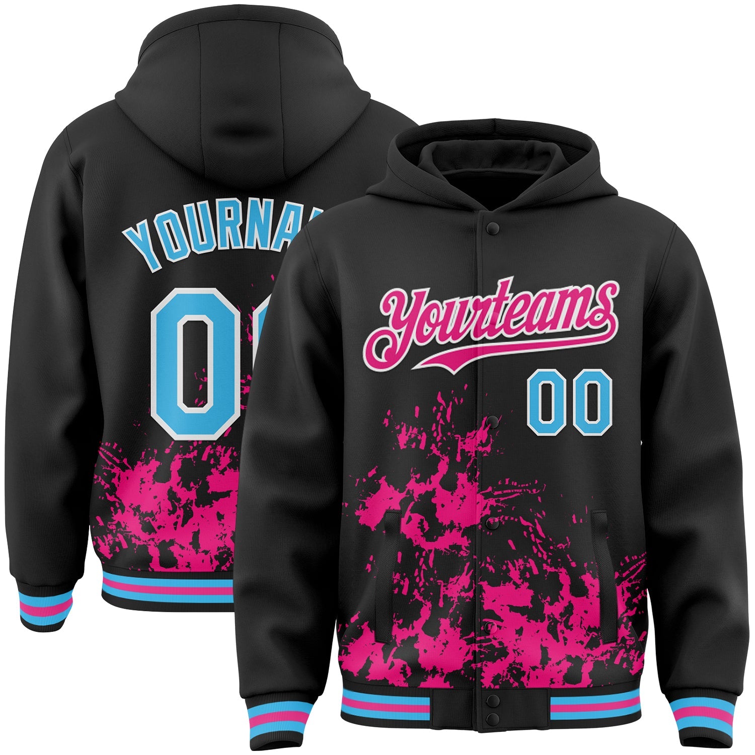 Custom Black Sky Blue Hot Pink-White Splash Art 3D Pattern Design Bomber Full-Snap Varsity Letterman Hoodie Jacket - Main View