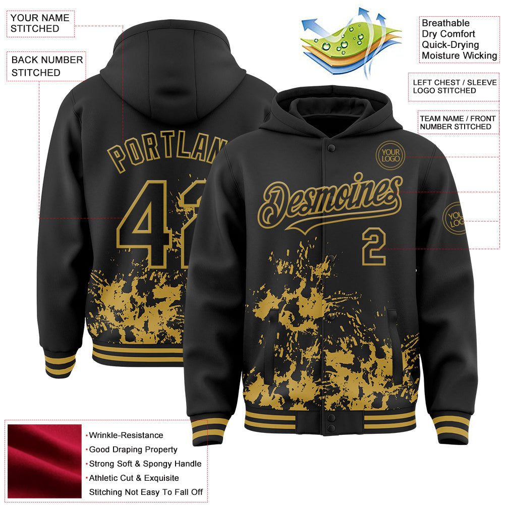 Custom Black Old Gold Splash Art 3D Pattern Design Bomber Full-Snap Varsity Letterman Hoodie Jacket view 4