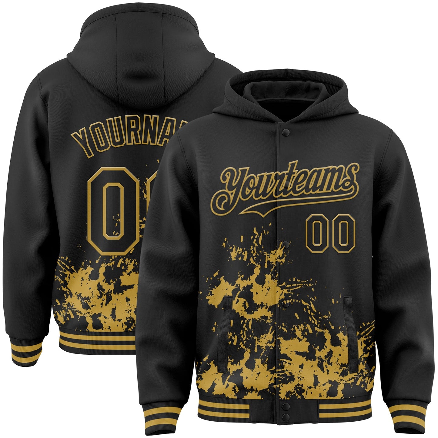 Custom Black Old Gold Splash Art 3D Pattern Design Bomber Full-Snap Varsity Letterman Hoodie Jacket - Main View