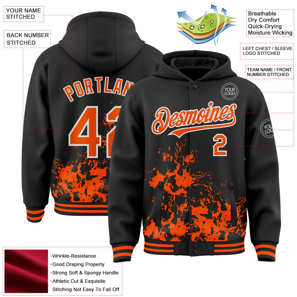 Custom Black Orange-White Splash Art 3D Pattern Design Bomber Full-Snap Varsity Letterman Hoodie Jacket view 4