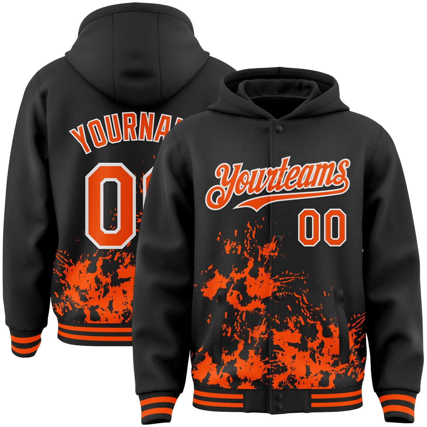Custom Black Orange-White Splash Art 3D Pattern Design Bomber Full-Snap Varsity Letterman Hoodie Jacket - Main View