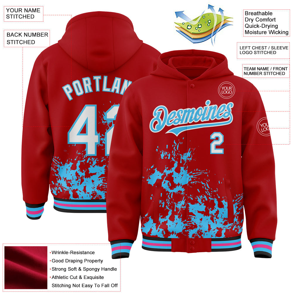 Custom Red White Sky Blue Black-Pink Splash Art 3D Pattern Design Bomber Full-Snap Varsity Letterman Hoodie Jacket view 4