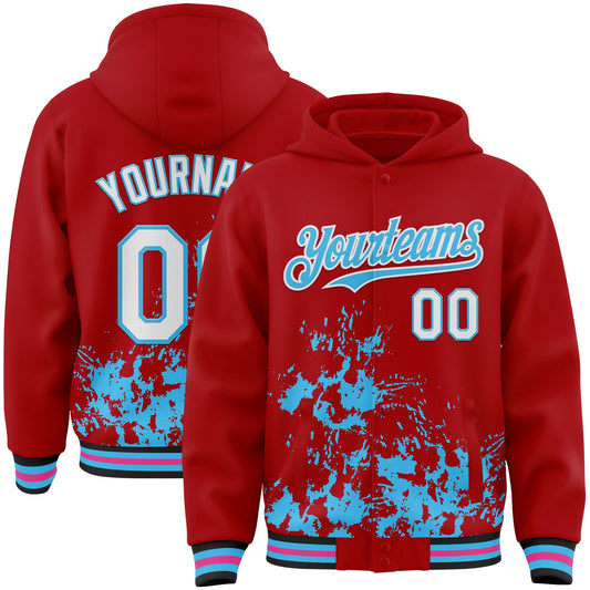 Custom Red White Sky Blue Black-Pink Splash Art 3D Pattern Design Bomber Full-Snap Varsity Letterman Hoodie Jacket - Main View