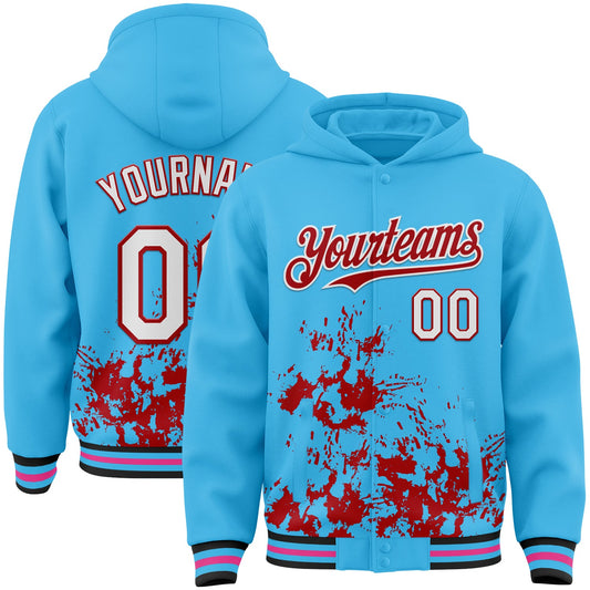 Custom Sky Blue White-Red Splash Art 3D Pattern Design Bomber Full-Snap Varsity Letterman Hoodie Jacket - Main View