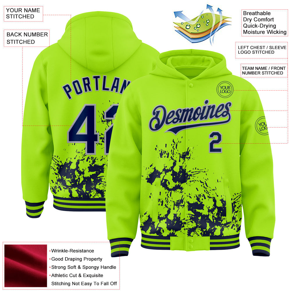 Custom Neon Green Navy-Gray Splash Art 3D Pattern Design Bomber Full-Snap Varsity Letterman Hoodie Jacket view 4