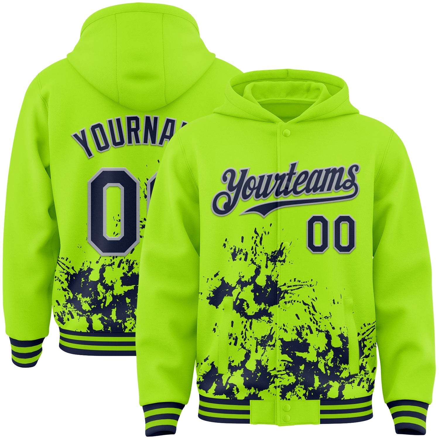 Custom Neon Green Navy-Gray Splash Art 3D Pattern Design Bomber Full-Snap Varsity Letterman Hoodie Jacket - Main View