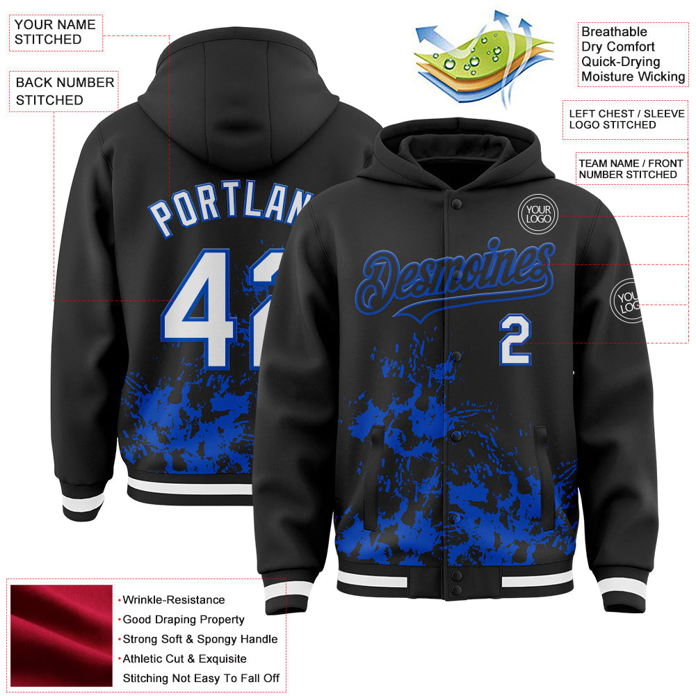 Custom Black White-Thunder Blue Splash Art 3D Pattern Design Bomber Full-Snap Varsity Letterman Hoodie Jacket view 4