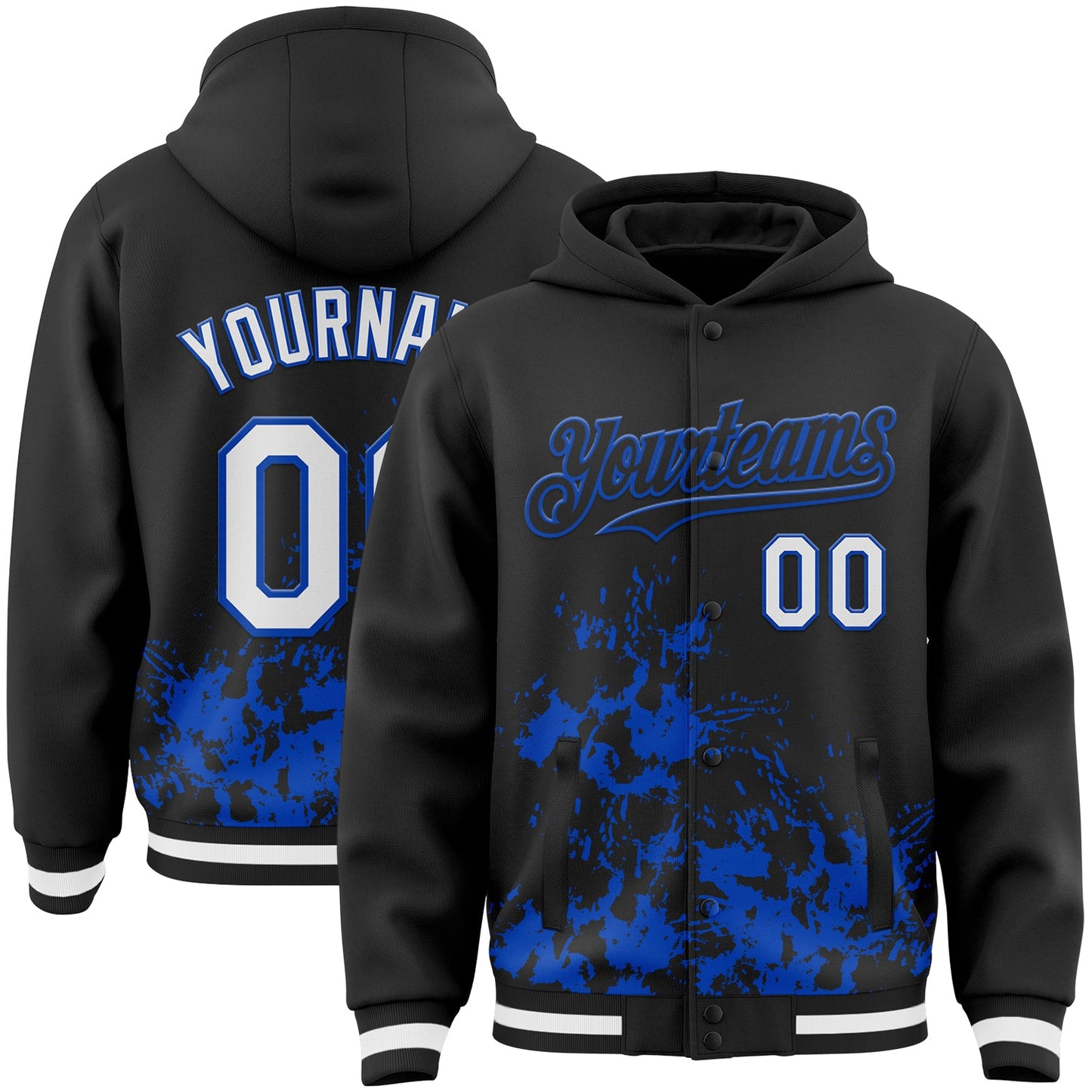 Custom Black White-Thunder Blue Splash Art 3D Pattern Design Bomber Full-Snap Varsity Letterman Hoodie Jacket - Main View