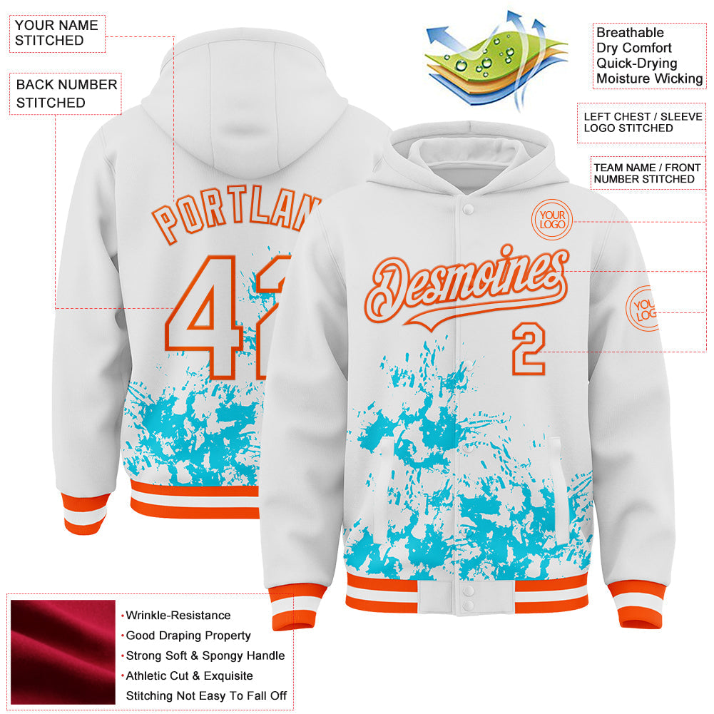 Custom White Lakes Blue-Orange Splash Art 3D Pattern Design Bomber Full-Snap Varsity Letterman Hoodie Jacket view 4