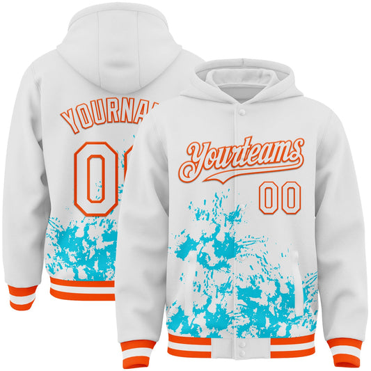 Custom White Lakes Blue-Orange Splash Art 3D Pattern Design Bomber Full-Snap Varsity Letterman Hoodie Jacket - Main View