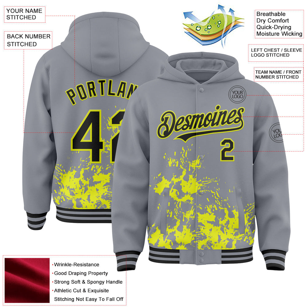 Custom Gray Black-Neon Yellow Splash Art 3D Pattern Design Bomber Full-Snap Varsity Letterman Hoodie Jacket view 4