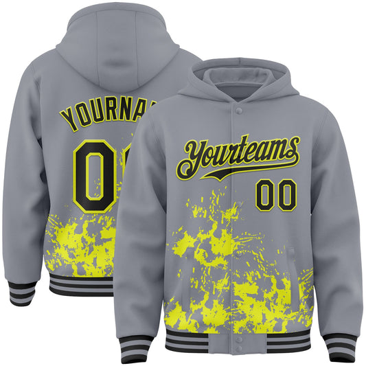Custom Gray Black-Neon Yellow Splash Art 3D Pattern Design Bomber Full-Snap Varsity Letterman Hoodie Jacket - Main View