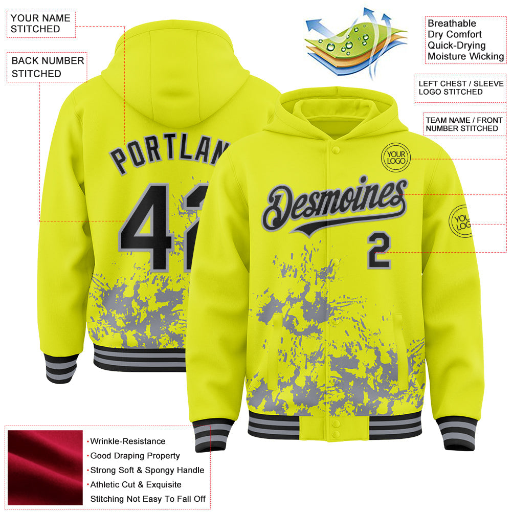 Custom Neon Yellow Black-Gray Splash Art 3D Pattern Design Bomber Full-Snap Varsity Letterman Hoodie Jacket view 4