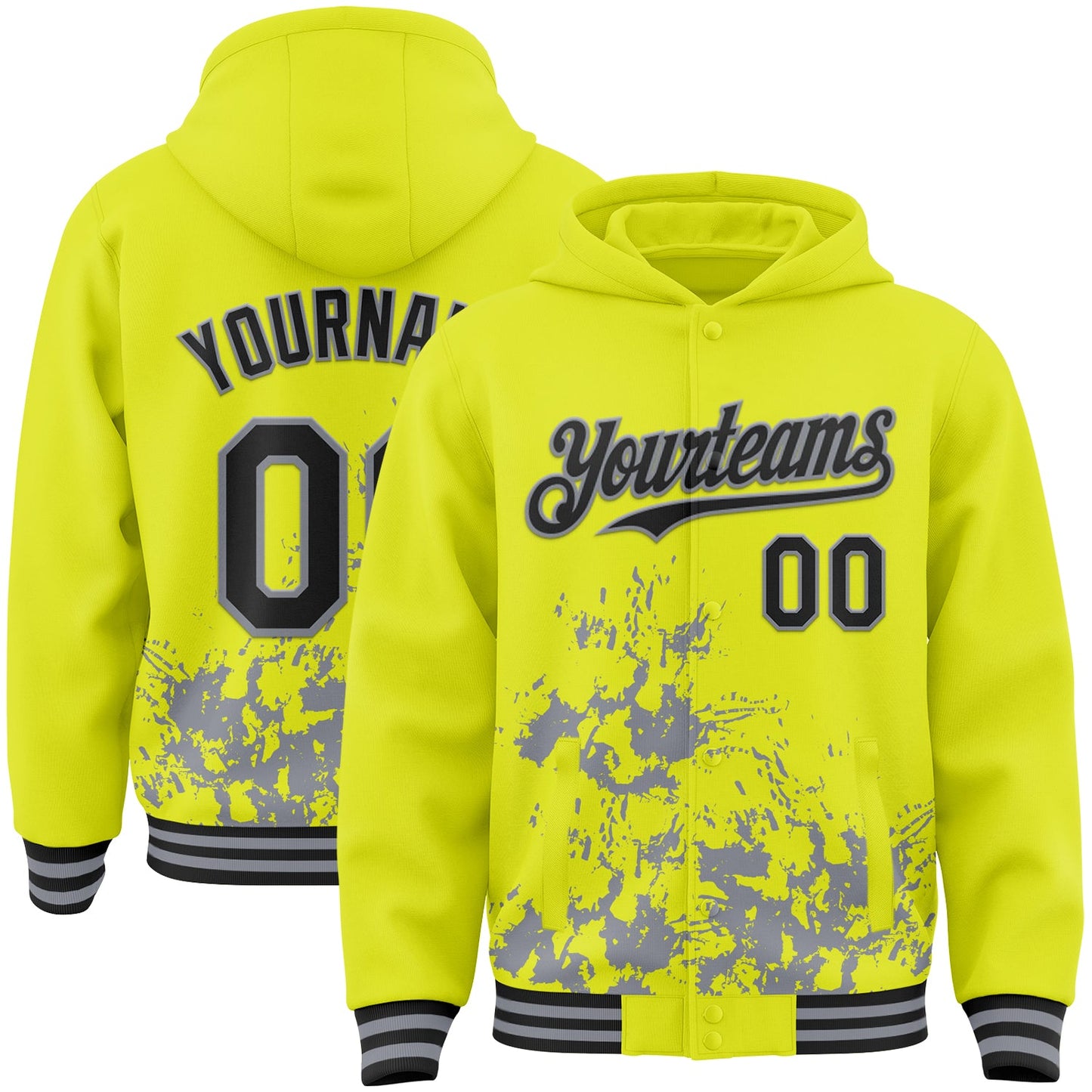 Custom Neon Yellow Black-Gray Splash Art 3D Pattern Design Bomber Full-Snap Varsity Letterman Hoodie Jacket - Main View