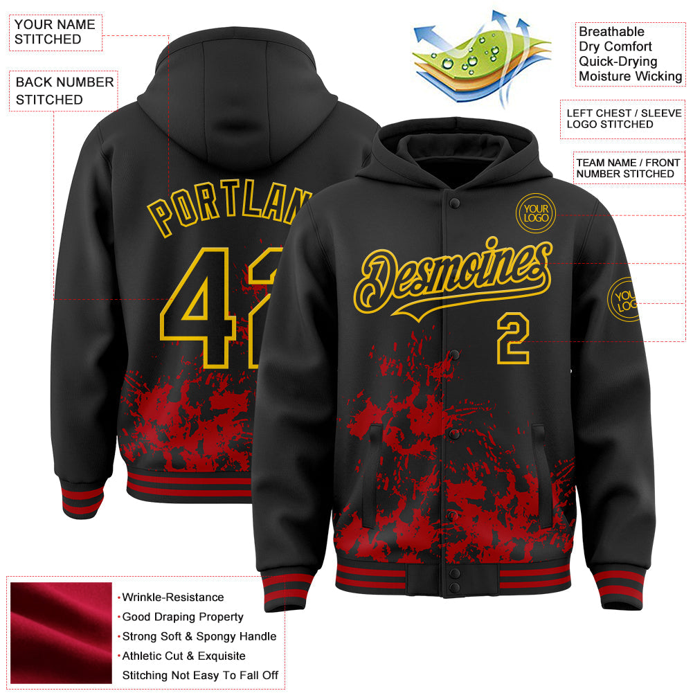 Custom Black Red-Yellow Splash Art 3D Pattern Design Bomber Full-Snap Varsity Letterman Hoodie Jacket view 4