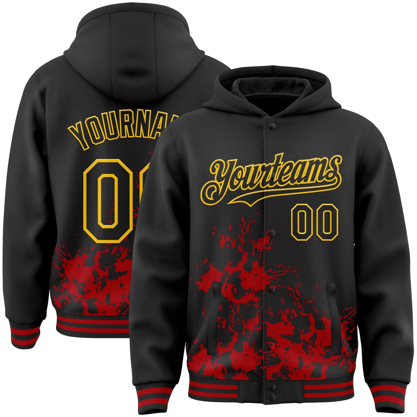 Custom Black Red-Yellow Splash Art 3D Pattern Design Bomber Full-Snap Varsity Letterman Hoodie Jacket - Main View
