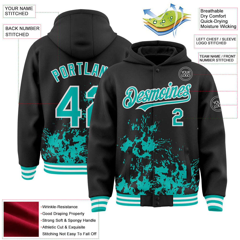 Custom Black Aqua-White Splash Art 3D Pattern Design Bomber Full-Snap Varsity Letterman Hoodie Jacket view 4