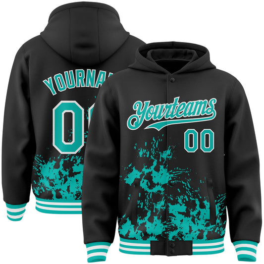 Custom Black Aqua-White Splash Art 3D Pattern Design Bomber Full-Snap Varsity Letterman Hoodie Jacket - Main View