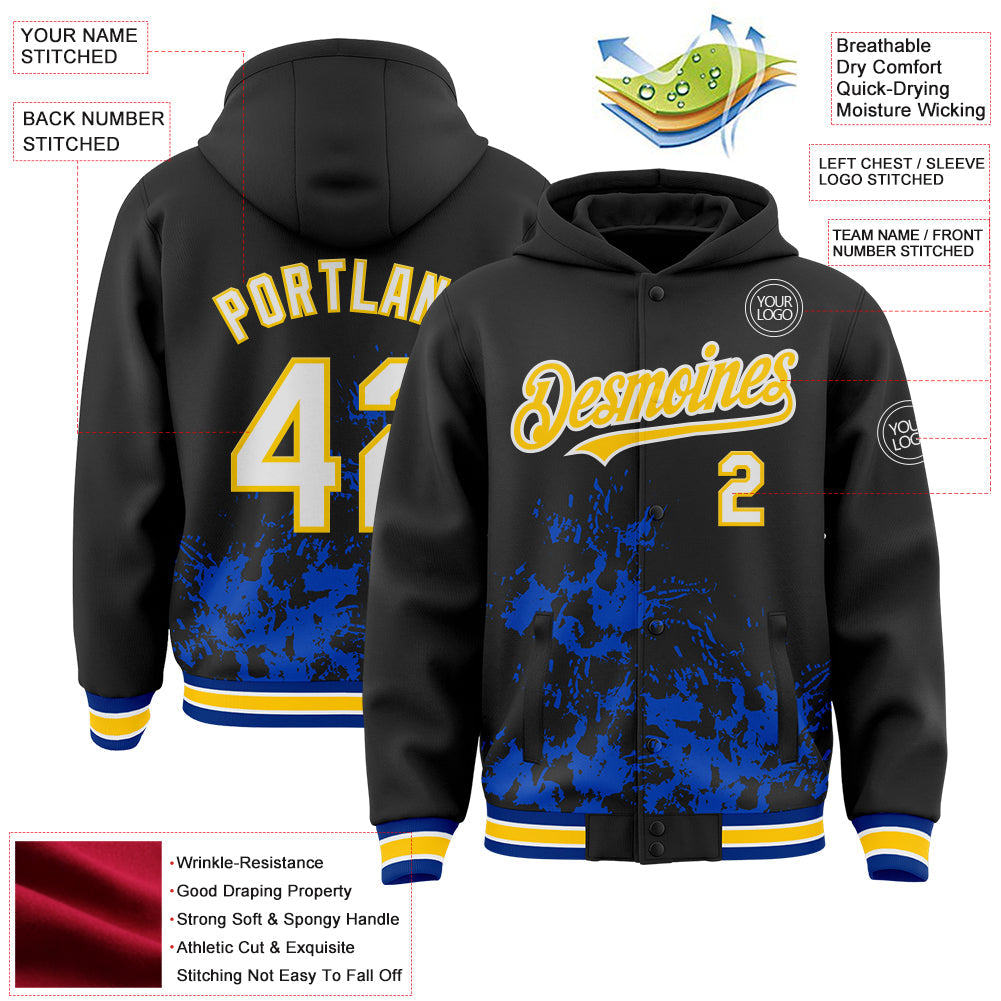 Custom Black White Thunder Blue Yellow-Royal Splash Art 3D Pattern Design Bomber Full-Snap Varsity Letterman Hoodie Jacket view 4
