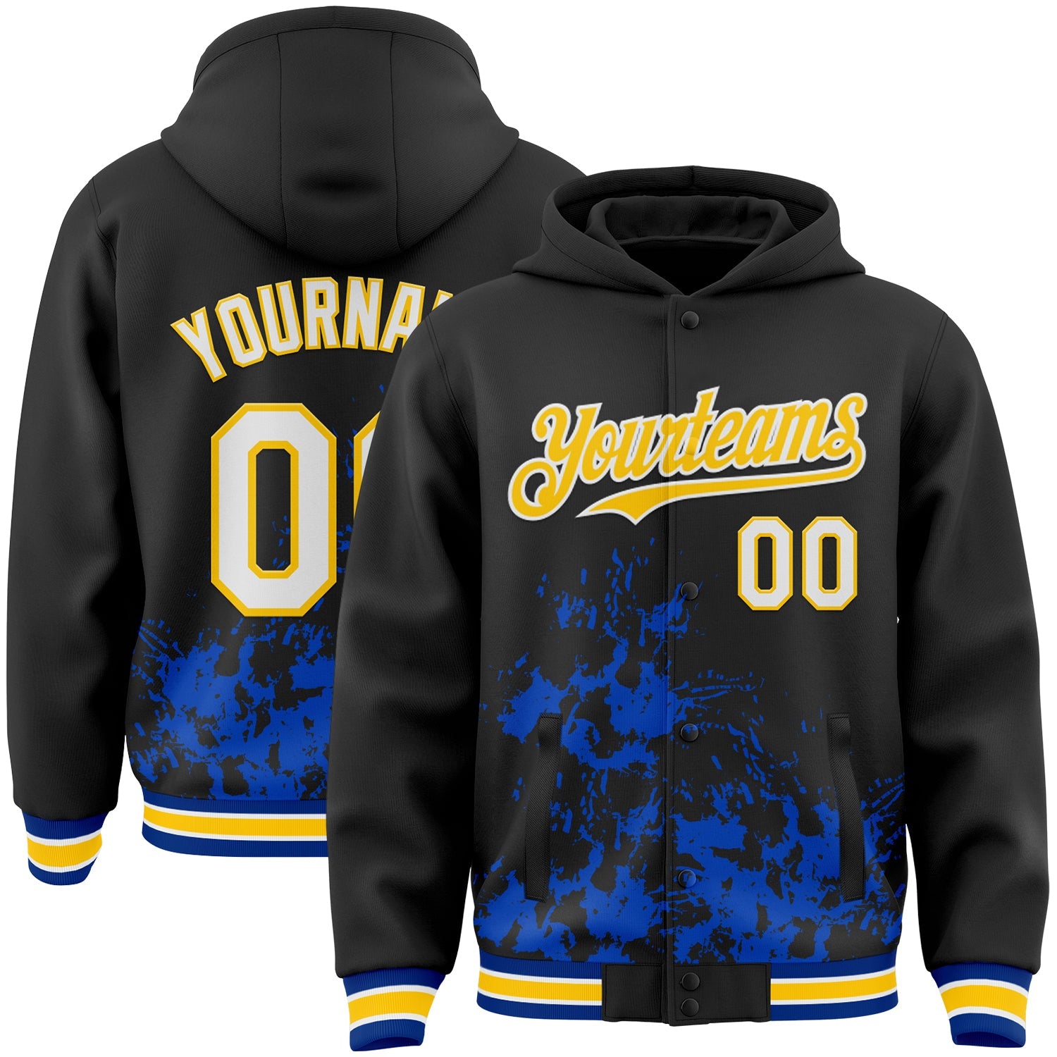 Custom Black White Thunder Blue Yellow-Royal Splash Art 3D Pattern Design Bomber Full-Snap Varsity Letterman Hoodie Jacket - Main View