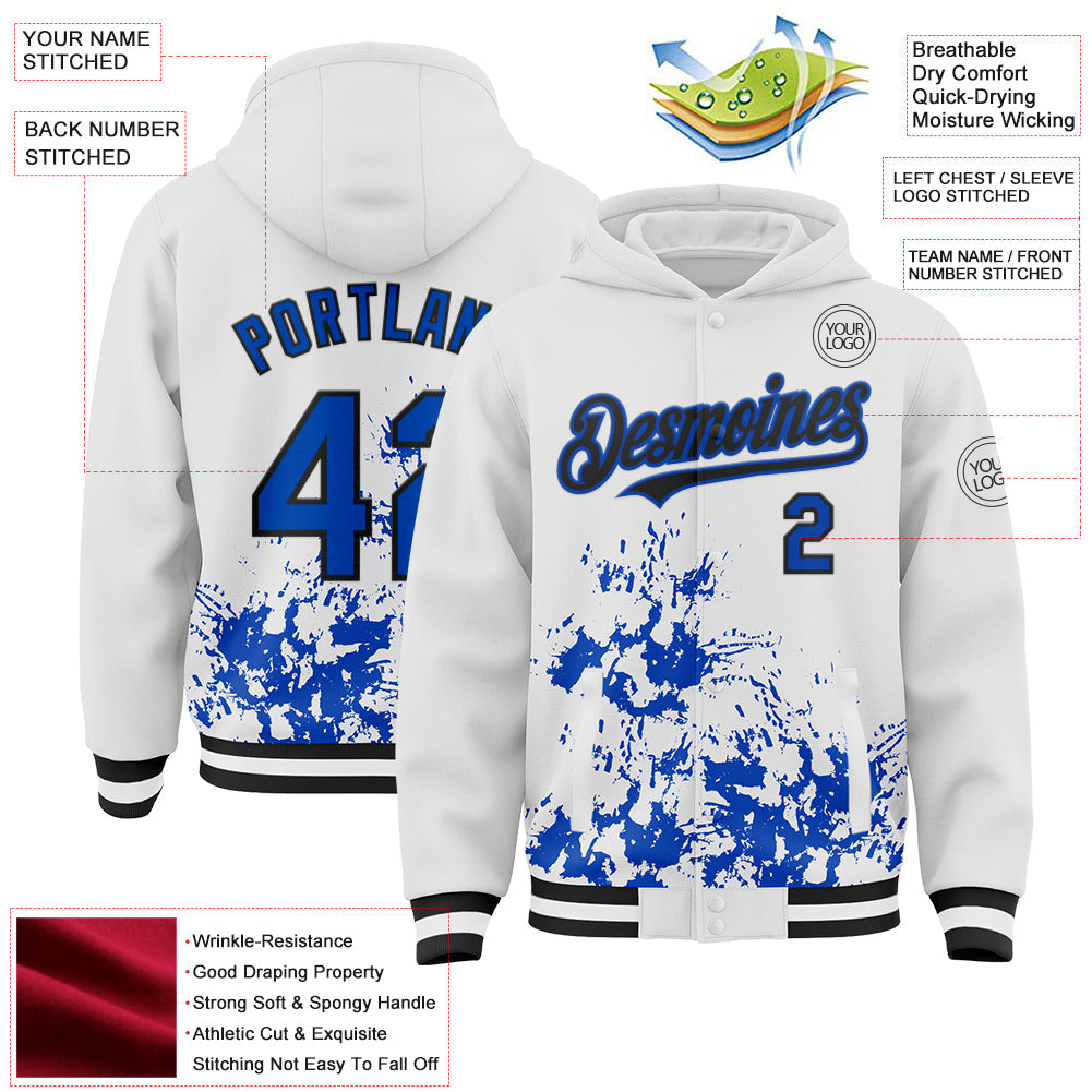 Custom White Thunder Blue-Black Splash Art 3D Pattern Design Bomber Full-Snap Varsity Letterman Hoodie Jacket view 4