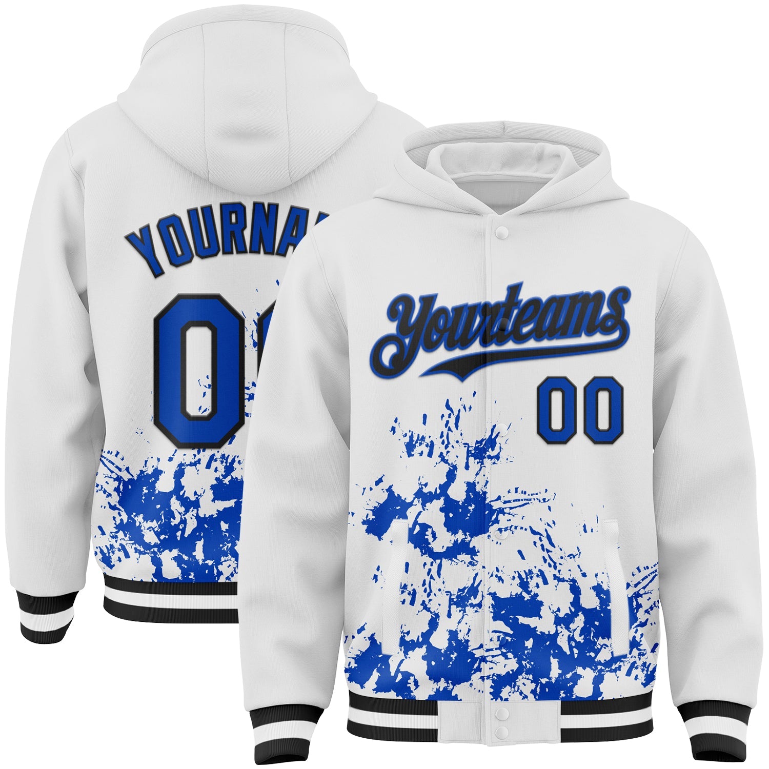 Custom White Thunder Blue-Black Splash Art 3D Pattern Design Bomber Full-Snap Varsity Letterman Hoodie Jacket - Main View