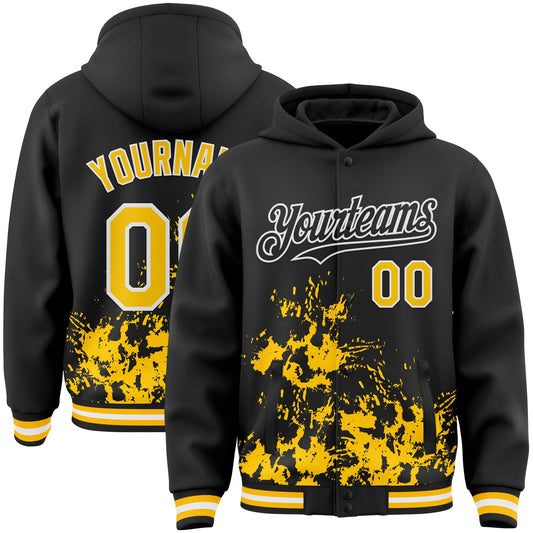 Custom Black Yellow-White Splash Art 3D Pattern Design Bomber Full-Snap Varsity Letterman Hoodie Jacket - Main View
