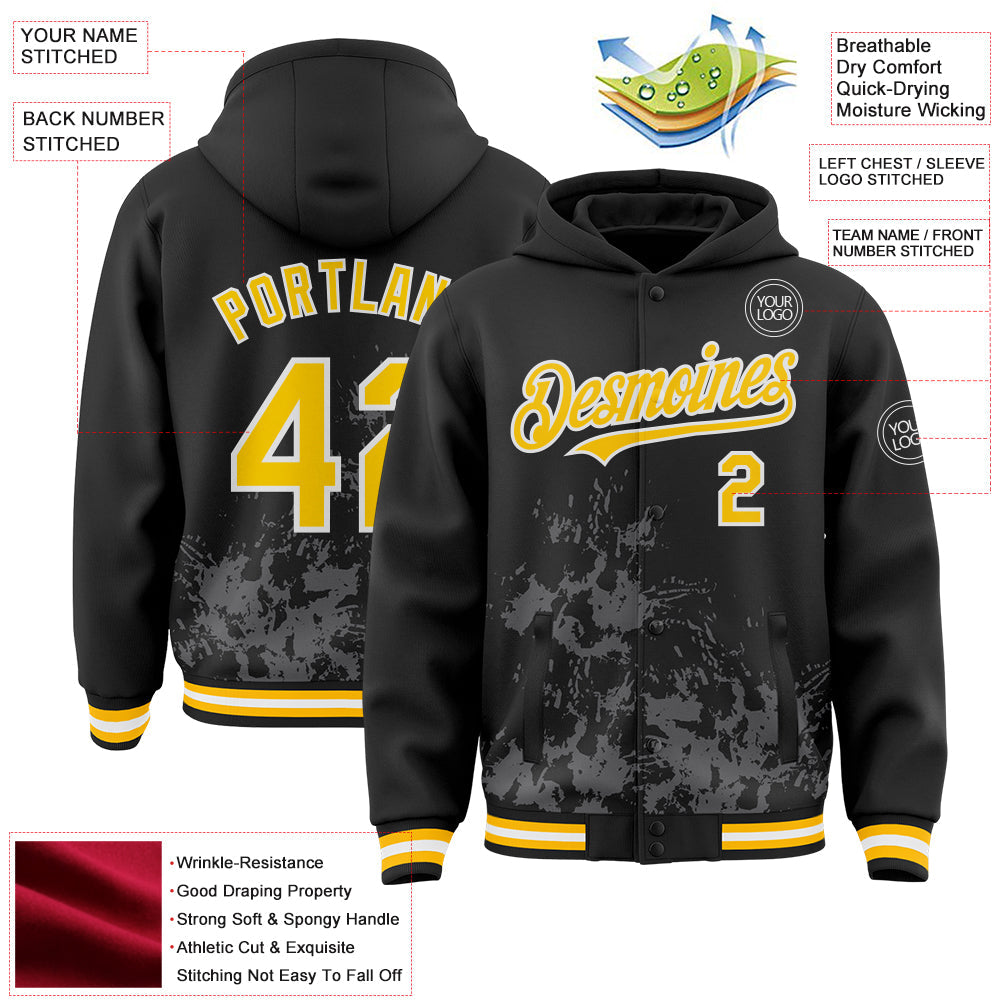 Custom Black Yellow Steel Gray-White Splash Art 3D Pattern Design Bomber Full-Snap Varsity Letterman Hoodie Jacket view 4