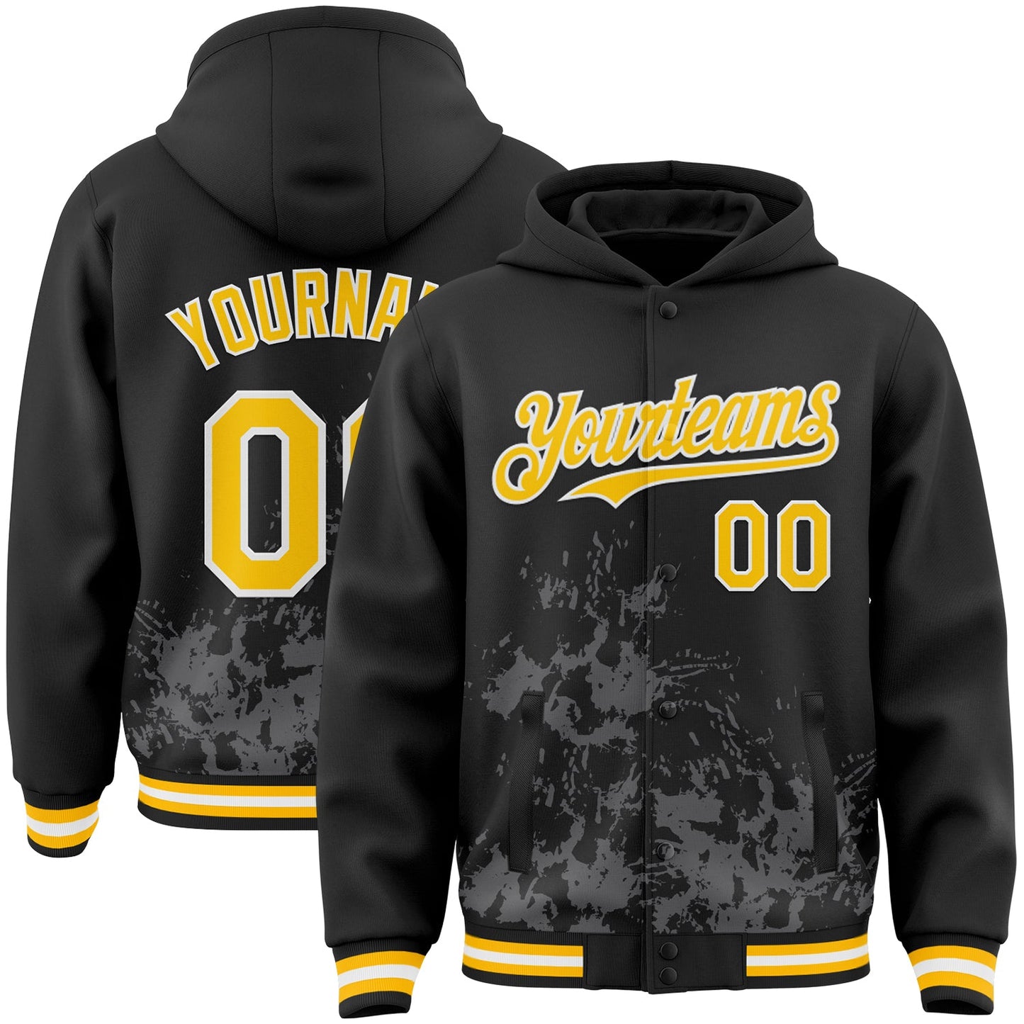 Custom Black Yellow Steel Gray-White Splash Art 3D Pattern Design Bomber Full-Snap Varsity Letterman Hoodie Jacket - Main View