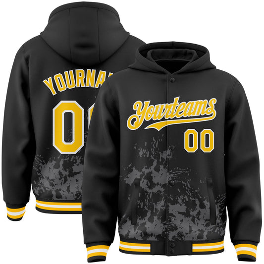Custom Black Yellow Steel Gray-White Splash Art 3D Pattern Design Bomber Full-Snap Varsity Letterman Hoodie Jacket - Main View